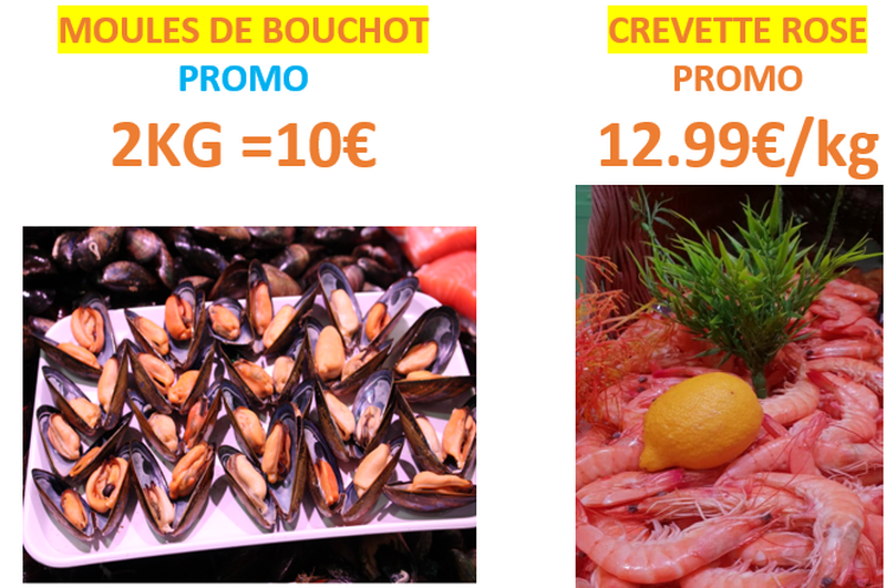 Promo crevettes 12.99€/kg, moules de bouchot 2kg pour 10€ poissonnerie Marée bleue Yvrac, Mérignac et Sainte-Eulalie