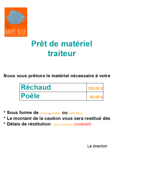 prêt de matériel gratuitement pour réchauffer la paella chez Marée Bleue Yvrac et Mérignac en Gironde